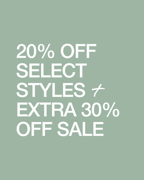 A sage green tile with white type. Text on the image reads: "20% OFF SELECT STYLES + EXTRA 30% OFF SALE" - Women Nav Tile