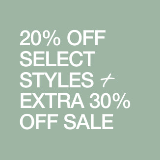 A sage green tile with white type. Text on the image reads: "20% OFF SELECT STYLES + EXTRA 30% OFF SALE" - Women Nav Tile