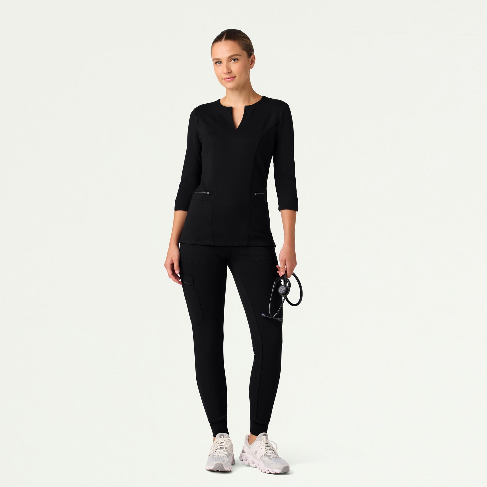 Zoe Slim 3/4-Sleeve ULTRAsoft Scrub Top - Black - WOMEN'S TOPS - Jaanuu