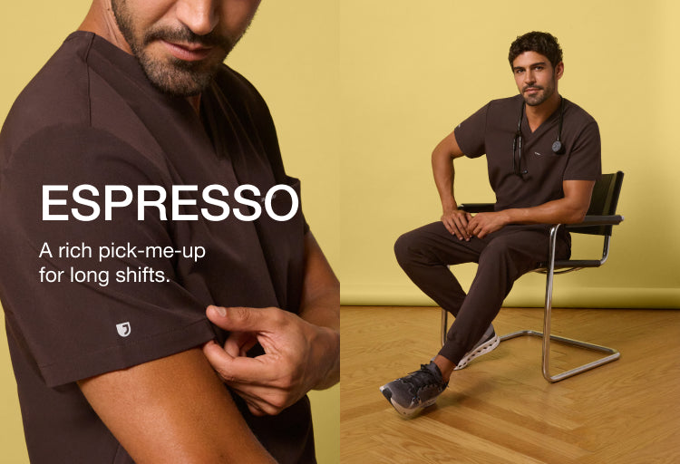 A close-up of a man in an espresso brown Jaanuu scrub top beside a full-length shot of him seated with a stethoscope against a yellow backdrop. Text on the image reads: "ESPRESSO. A rich pick-me-up for long shifts."
