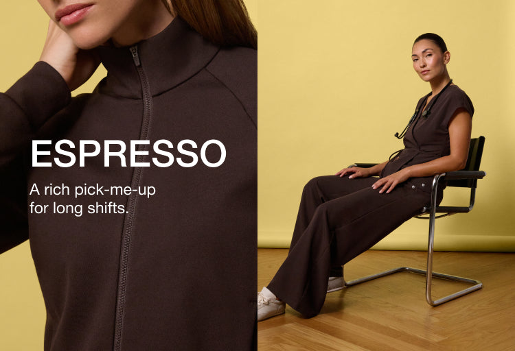 A woman seated in an espresso brown Jaanuu scrub top and wide-leg pants against a yellow backdrop, shown beside a close-up of a brown zip-front scrub jacket. Text on the image reads: "ESPRESSO. A rich pick-me-up for long shifts."