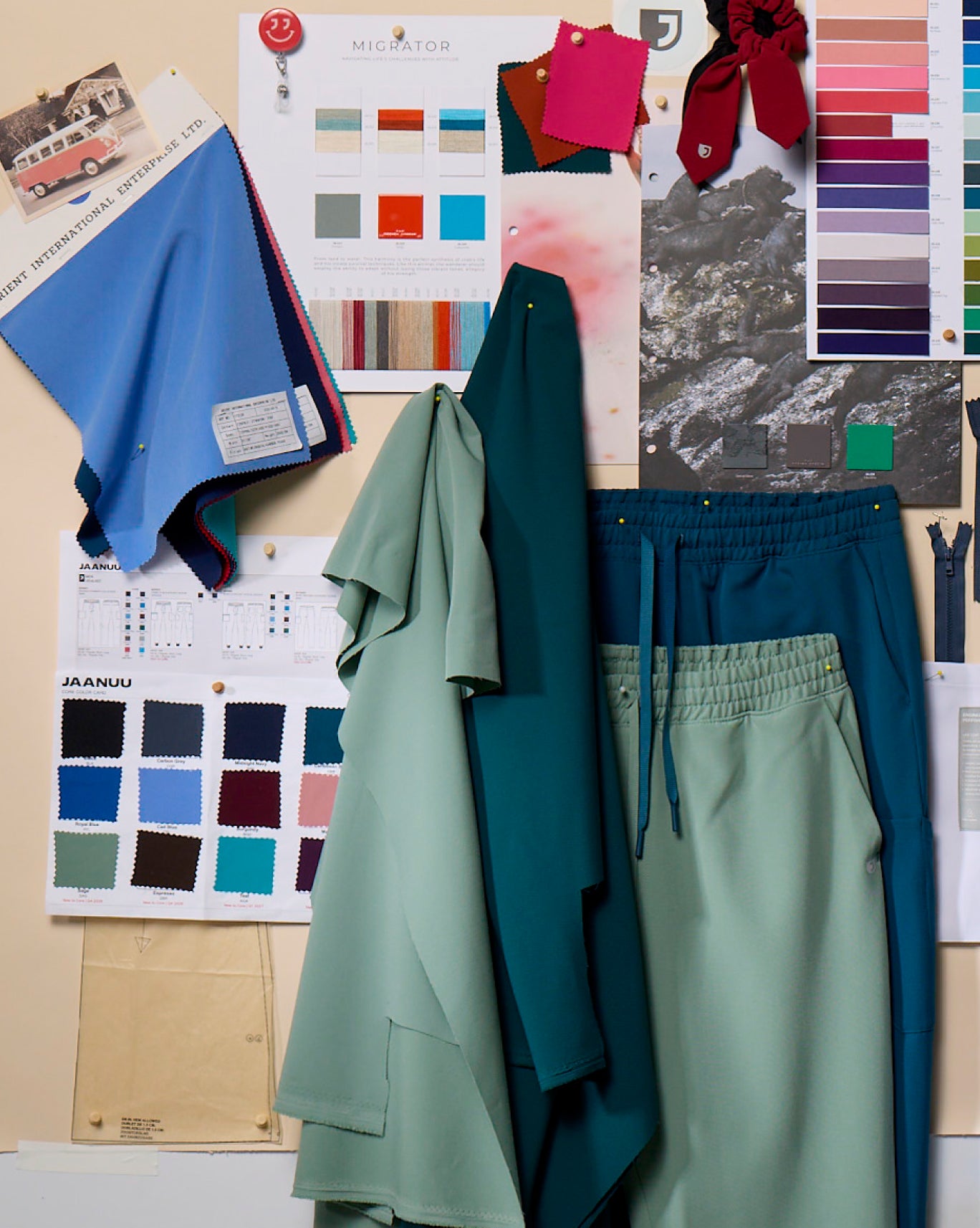 Design board with fabric swatches, color cards and scrub samples