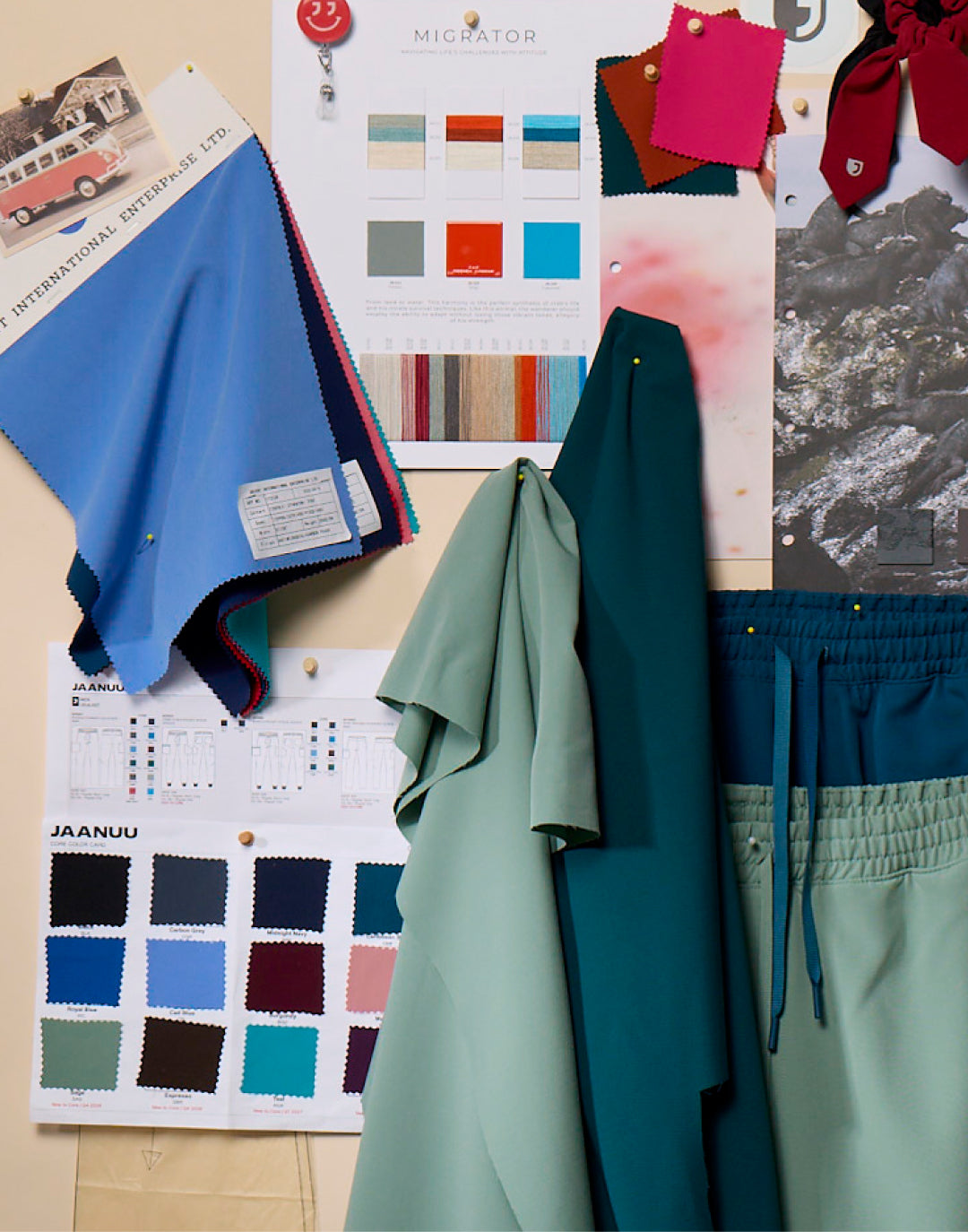 Design board with fabric swatches, color cards and scrub samples