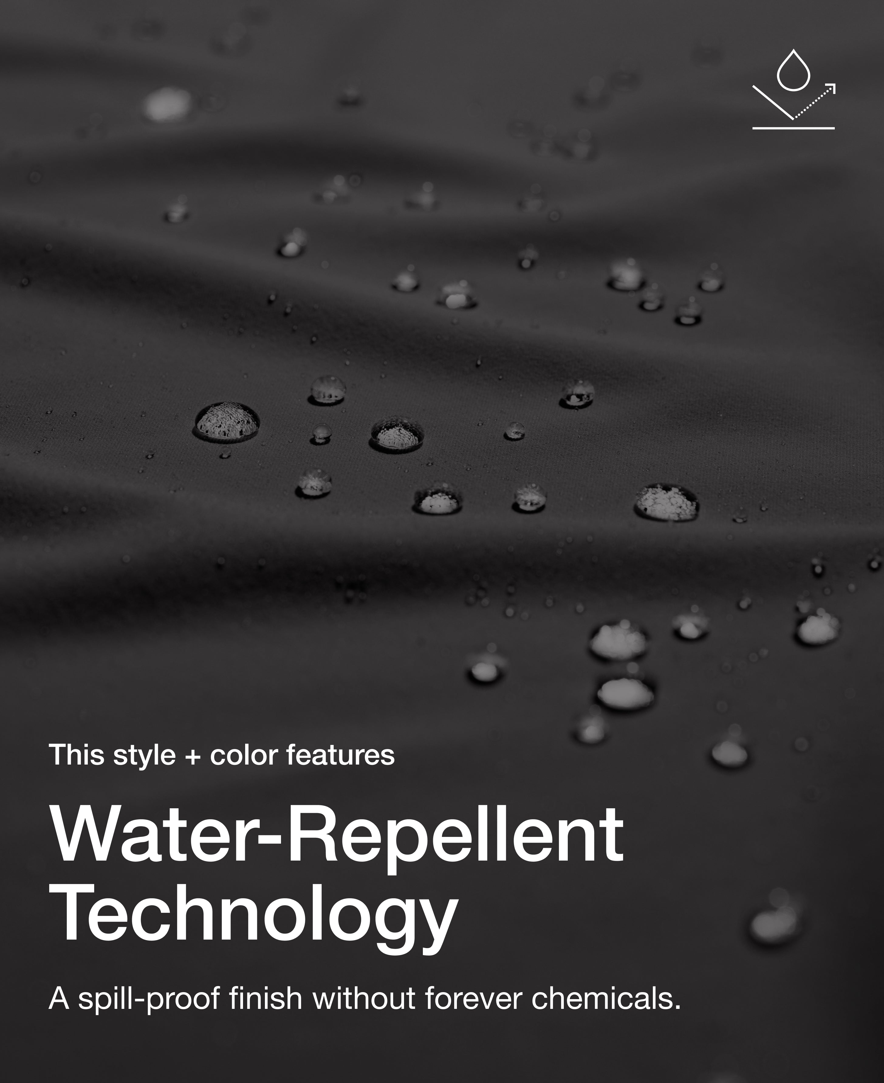 Close up view of draped Jaanuu fabric in Charcoal with water beading on the surface. Text on the image reads "This style + color features Water-Repellent Technology. A spill-proof finish without forever chemicals."