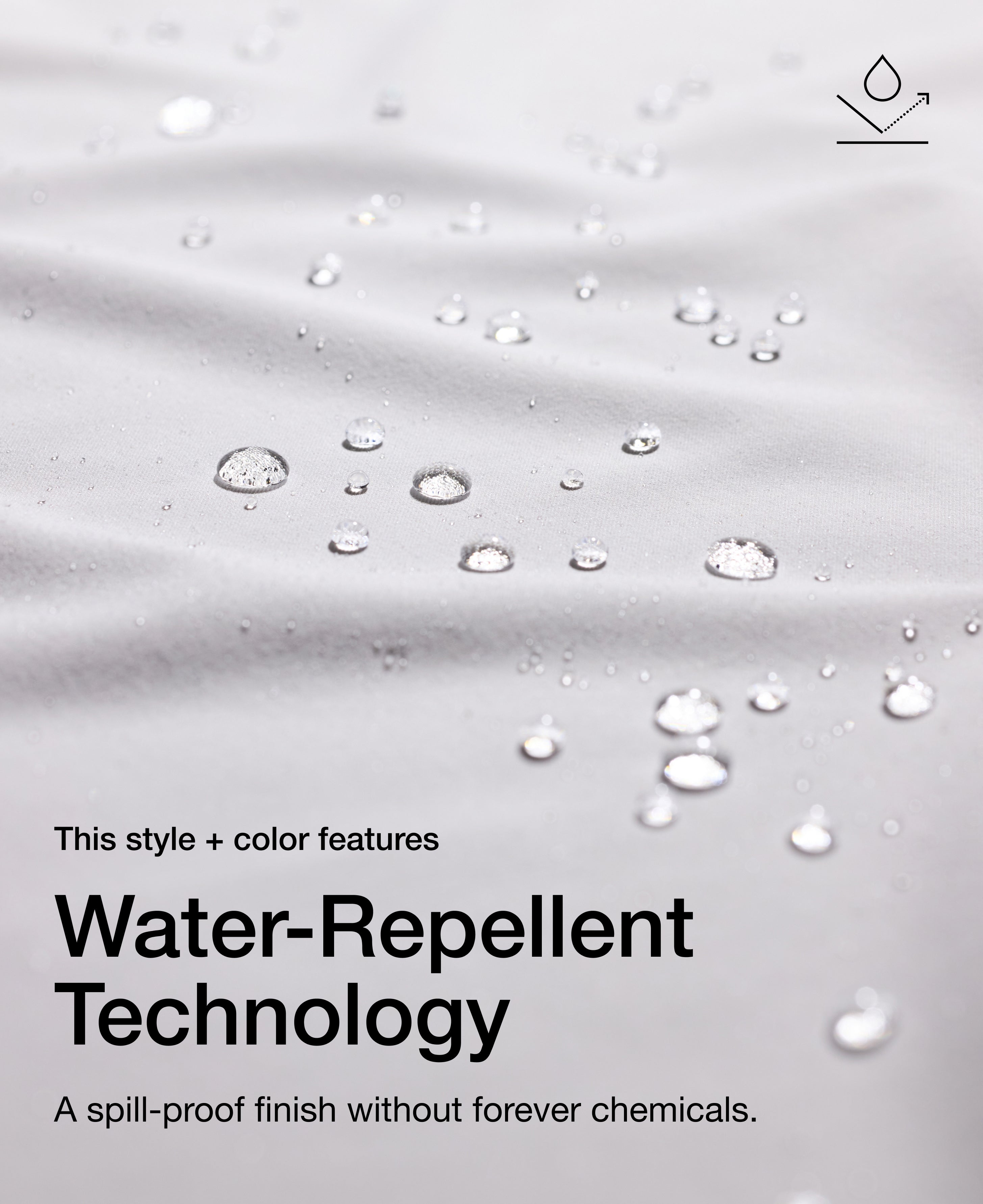 Close up view of draped Jaanuu fabric in White with water beading on the surface. Text on the image reads "This style + color features Water-Repellent Technology. A spill-proof finish without forever chemicals."