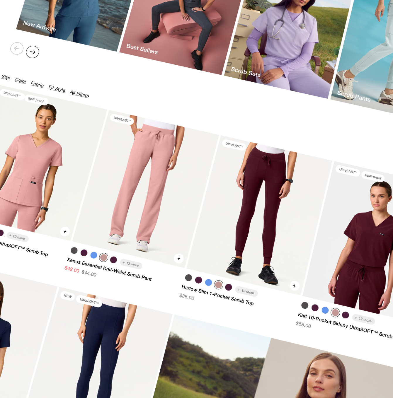The JAANUU website collection page, with category tiles above a grid of scrub tops and pants showing color swatches and prices