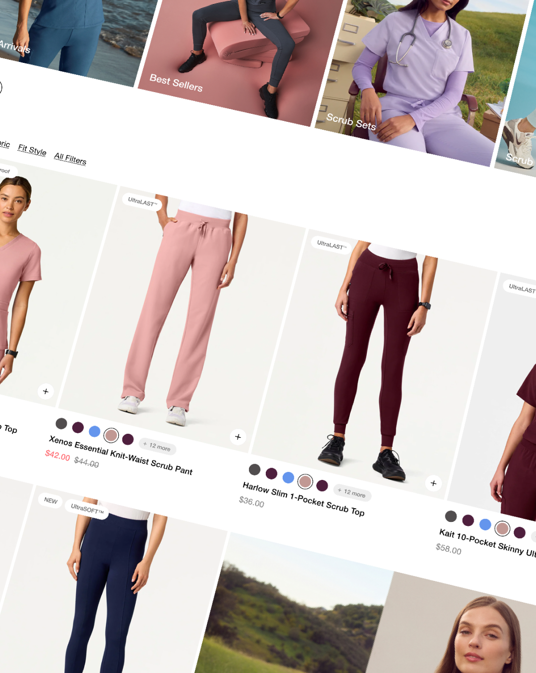 The JAANUU website collection page, with category tiles above a grid of scrub tops and pants showing color swatches and prices