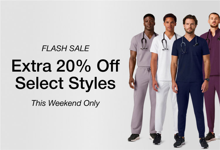 Image of 5 men wearing scrubs with text, "FLASH SALE: Extra 20% Off Select Styles. This Weekend Only."