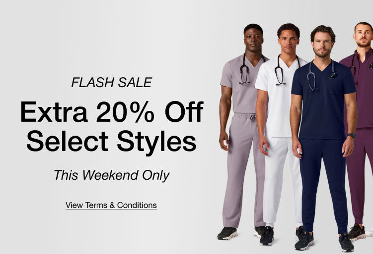 Image of 4 men wearing scrubs with text, "FLASH SALE: Extra 20% Off Select Styles. This Weekend Only. View Terms & Conditions."