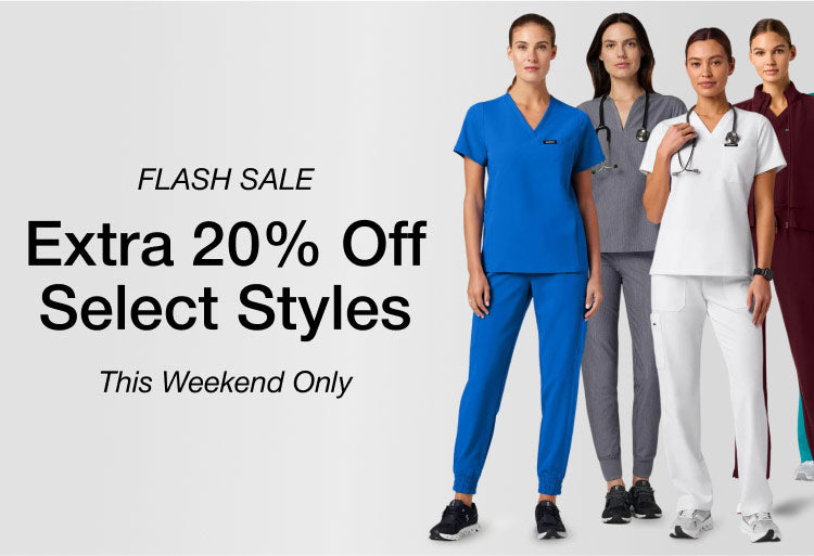 Image of 4 women wearing scrubs with text, "FLASH SALE: Extra 20% Off Select Styles. This Weekend Only."