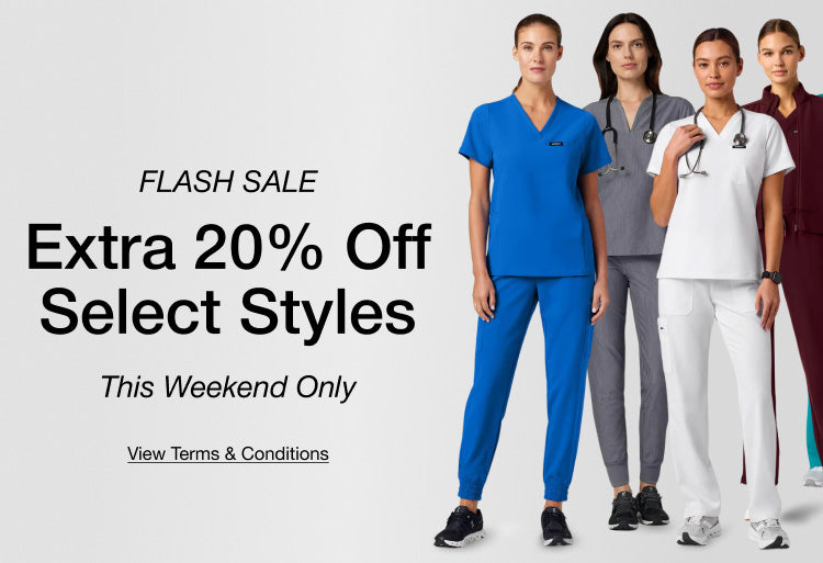 Image of 4 women wearing scrubs with text, "FLASH SALE: Extra 20% Off Select Styles. This Weekend Only. View Terms & Conditions."