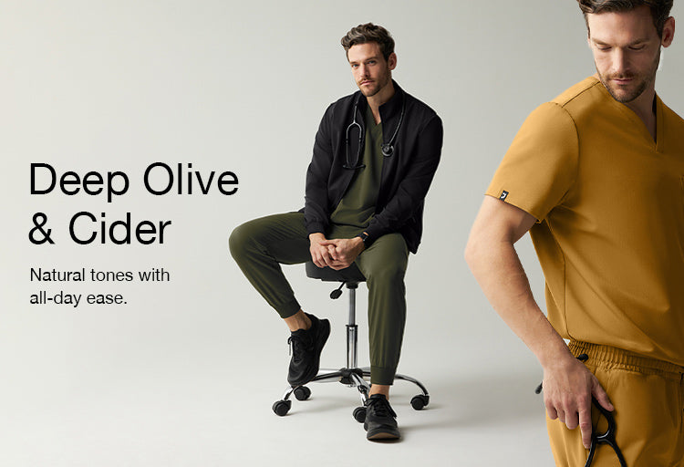 Image of 2 men wearing Deep Olive and Cider scrubs. Image has text, "Deep Olive & Cider. Natural tones with all-day ease."
