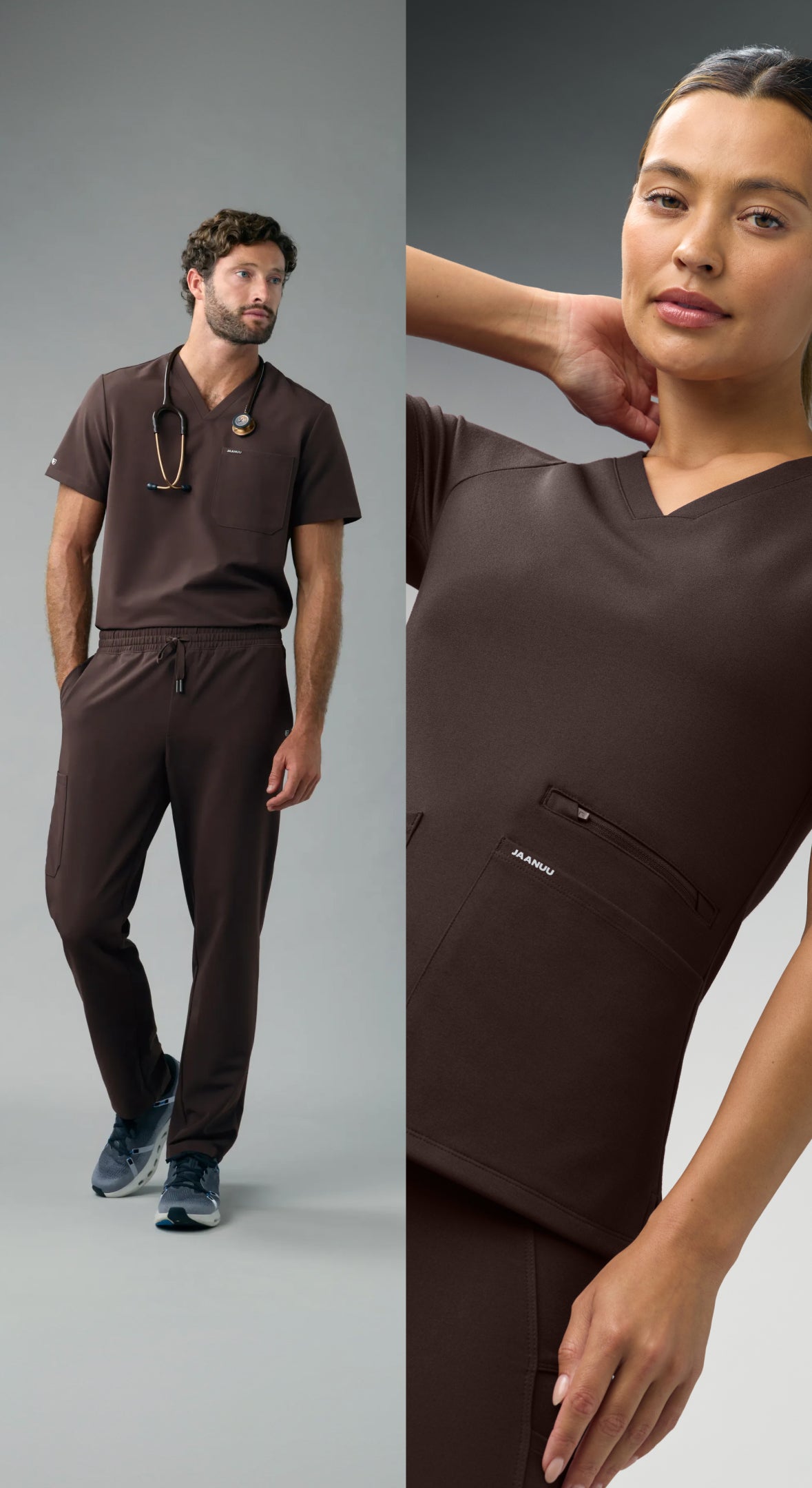 A man in a dark brown Jaanuu V-neck scrub top and scrub pants stands with a stethoscope around his neck, next to a close-up of a woman in a dark brown Jaanuu V-neck scrub top with a zip pocket and one hand behind her neck, against a grey backdrop