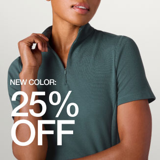 Image of woman wearing Alpine Green scrubs. Image has text, New Color: 25% Off" - Women Nav Tile