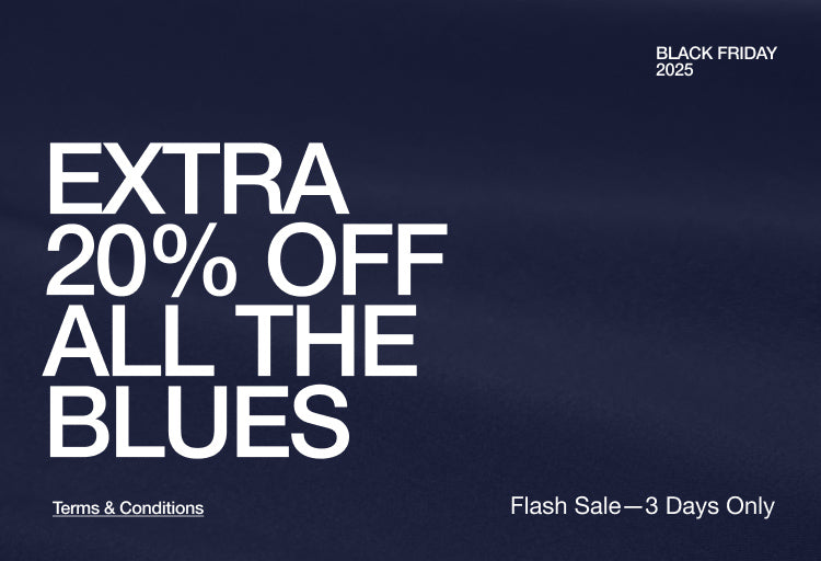 Background of image has a closeup of blue scrub fabric. The image has text, "Black Friday 2025. Flash Sale—3 Days Only. Extra 20% Off All the Blues. Click to view terms and conditions."