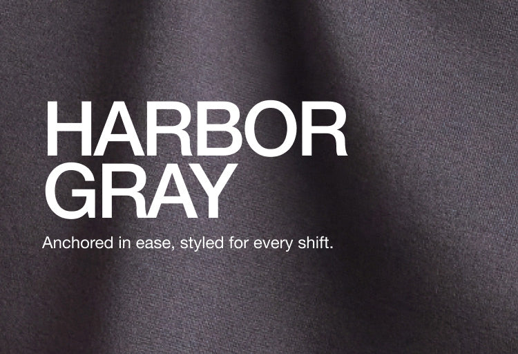 Image of Harbor Gray fabric with text, "Harbor Gray: Anchored in ease, styled for every shift."