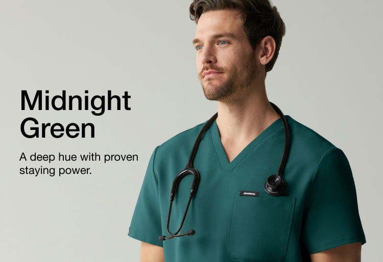 Image of man wearing Midnight Green scrubs, image has text, "Midnight Green: A deep hue with proven staying power."