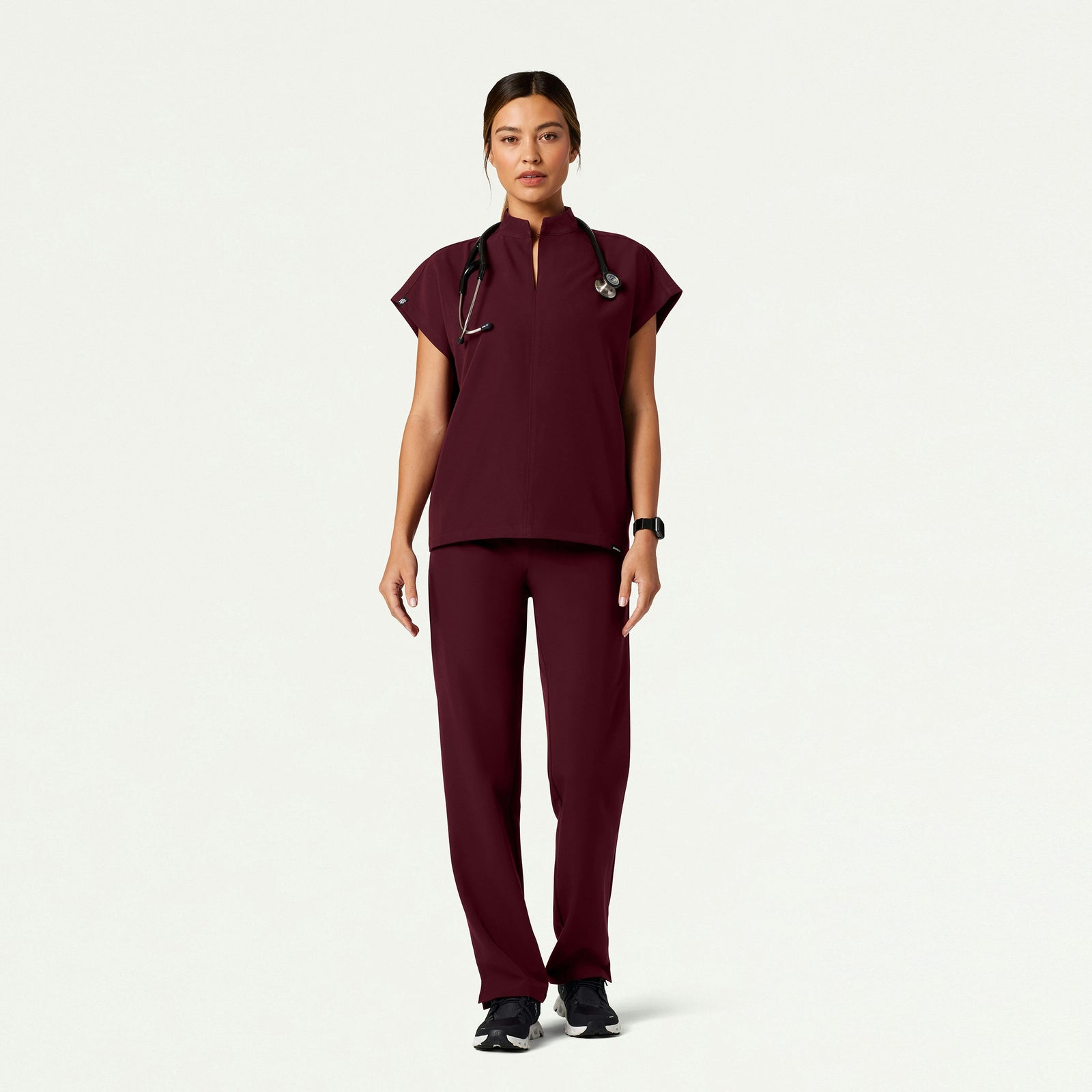 Aris Oversized 2-Pocket Scrub Top - Burgundy - WOMEN'S TOPS - Jaanuu