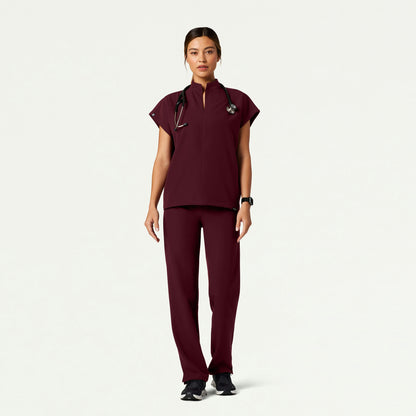 Aris Oversized 2-Pocket Scrub Top - Burgundy - WOMEN'S TOPS - Jaanuu