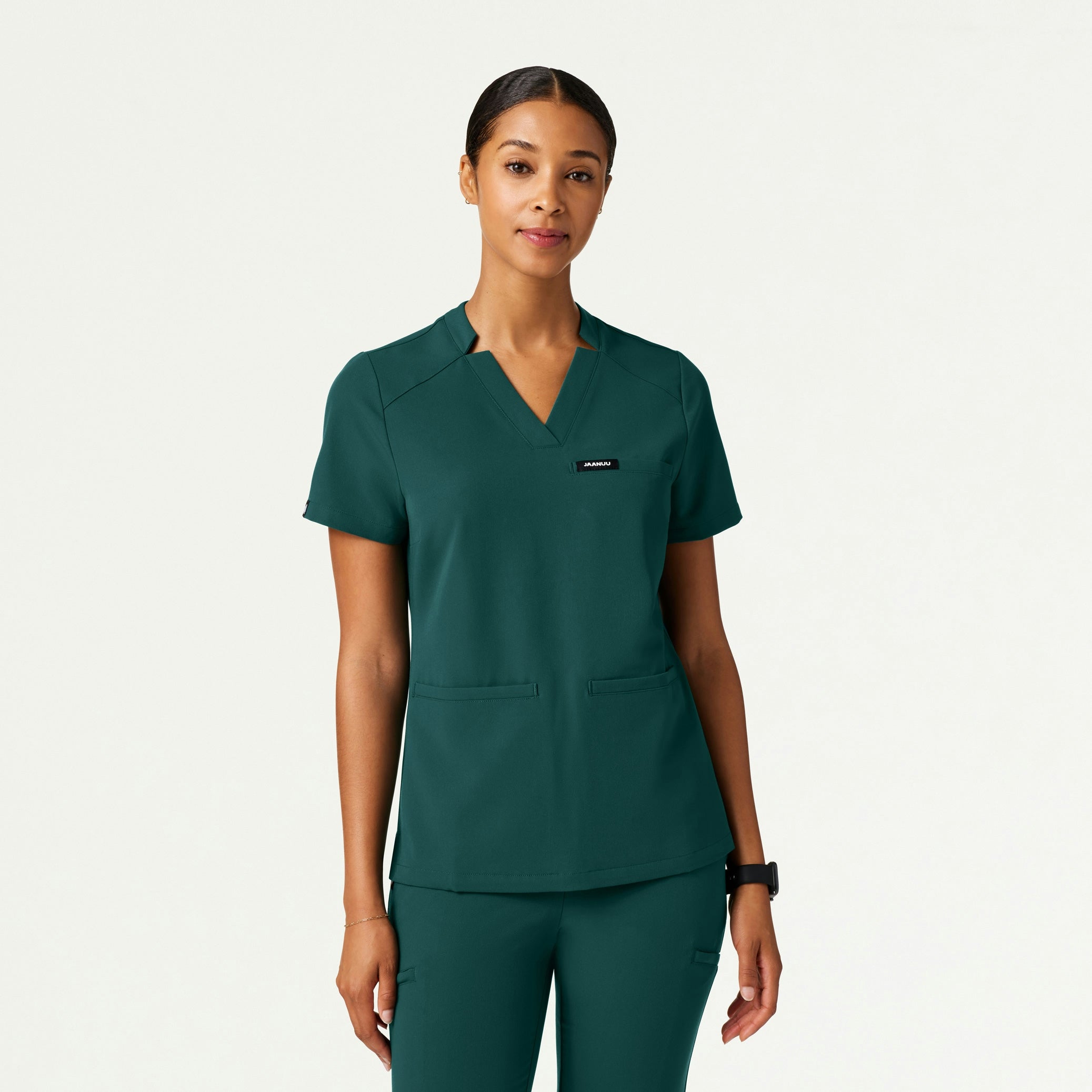 Helia Slim Notched V-Neck Scrub Top - Midnight Green - WOMEN'S TOPS - Jaanuu
