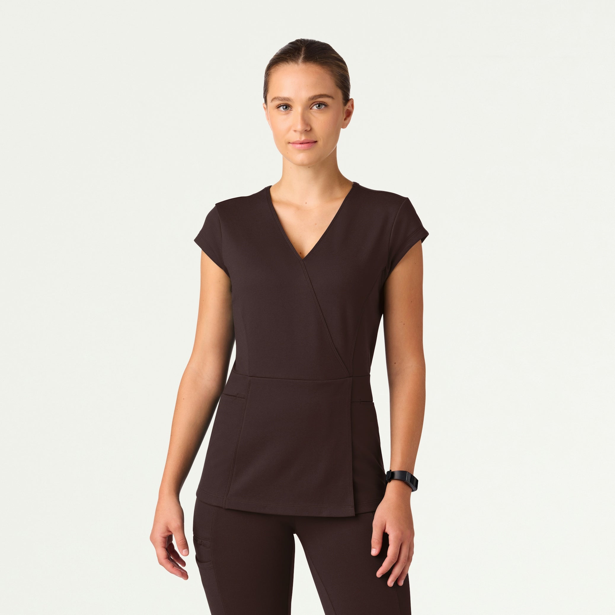 Isla Mock-Wrap ULTRAsoft Scrub Top - Espresso - WOMEN'S TOPS - Jaanuu