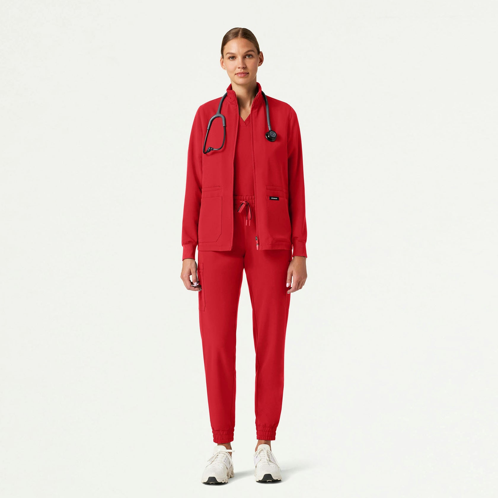 Ceri Essential 6-Pocket Scrub Jacket - Brilliant Red - WOMEN'S JACKETS - Jaanuu