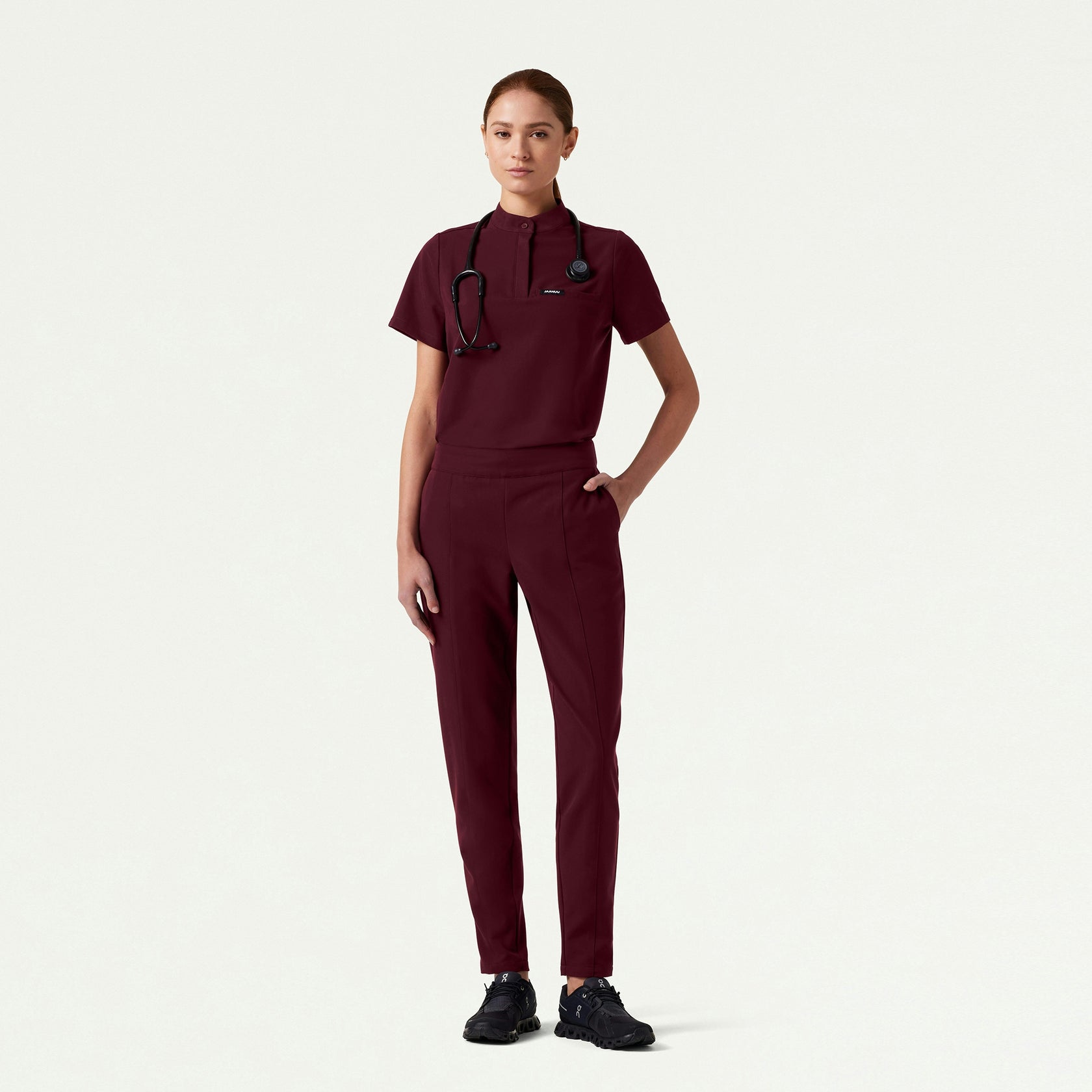 Lio Tapered 5-Pocket Scrub Pant - Burgundy - WOMEN'S PANTS - Jaanuu