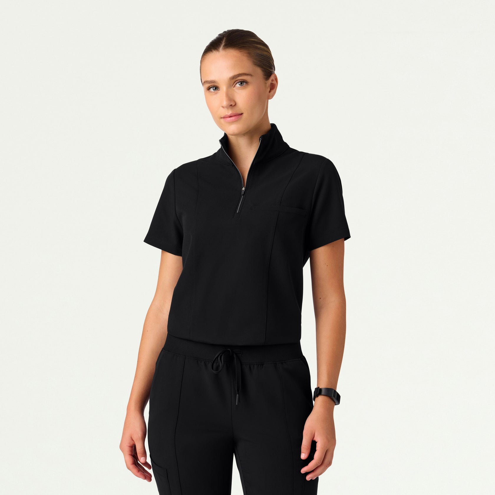 Nora Half-Zip Collared Scrub Top - Black - WOMEN'S TOPS - Jaanuu