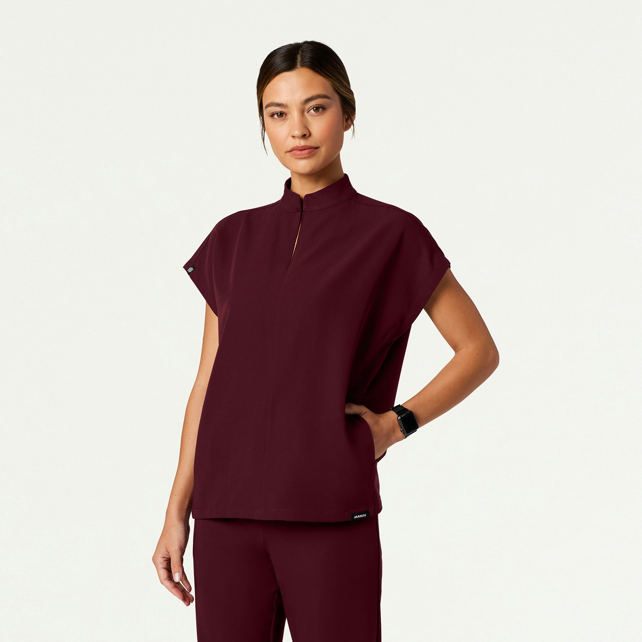 Aris Oversized 2-Pocket Scrub Top - Burgundy - WOMEN'S TOPS - Jaanuu