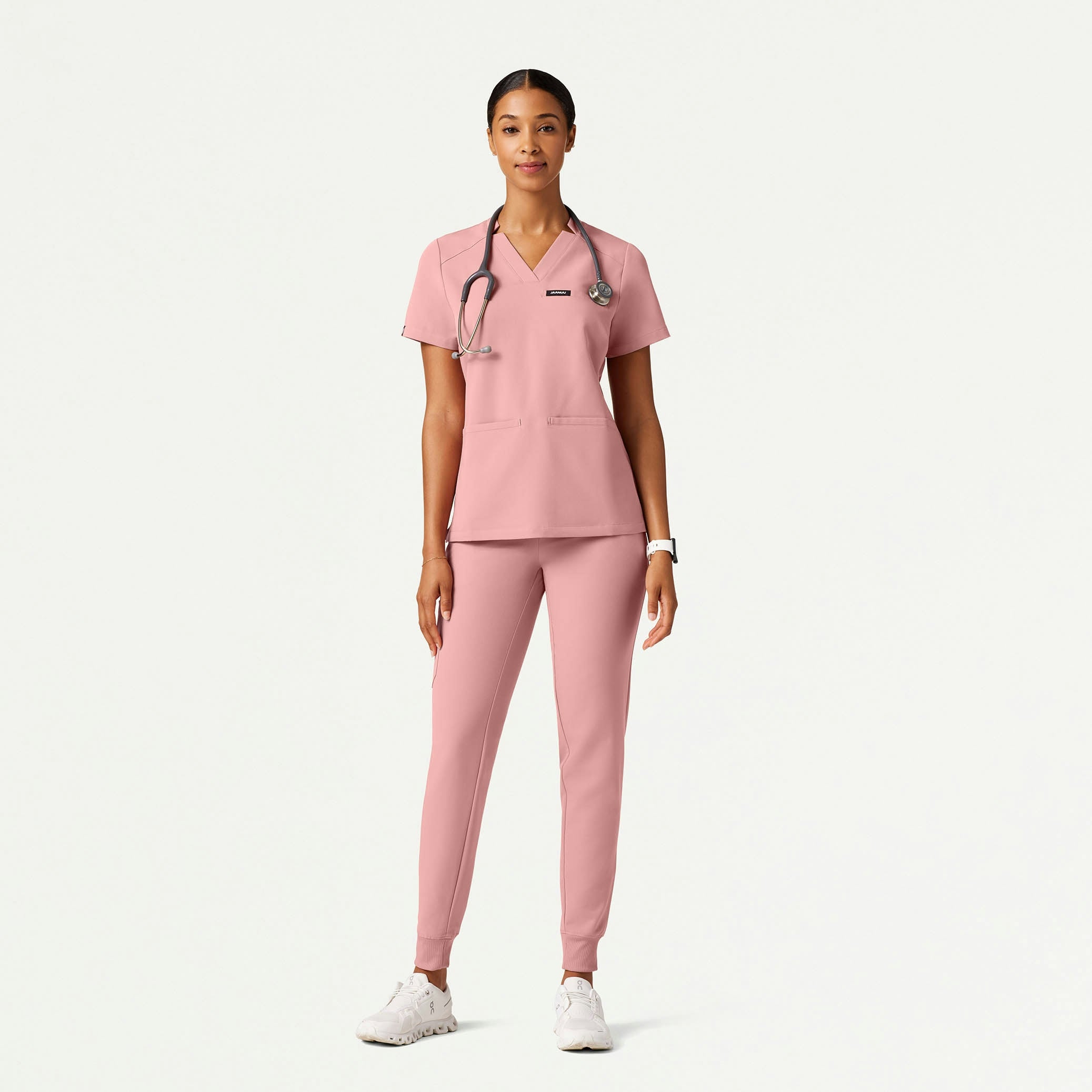 Helia Slim Notched V-Neck Scrub Top - Mauve - WOMEN'S TOPS - Jaanuu