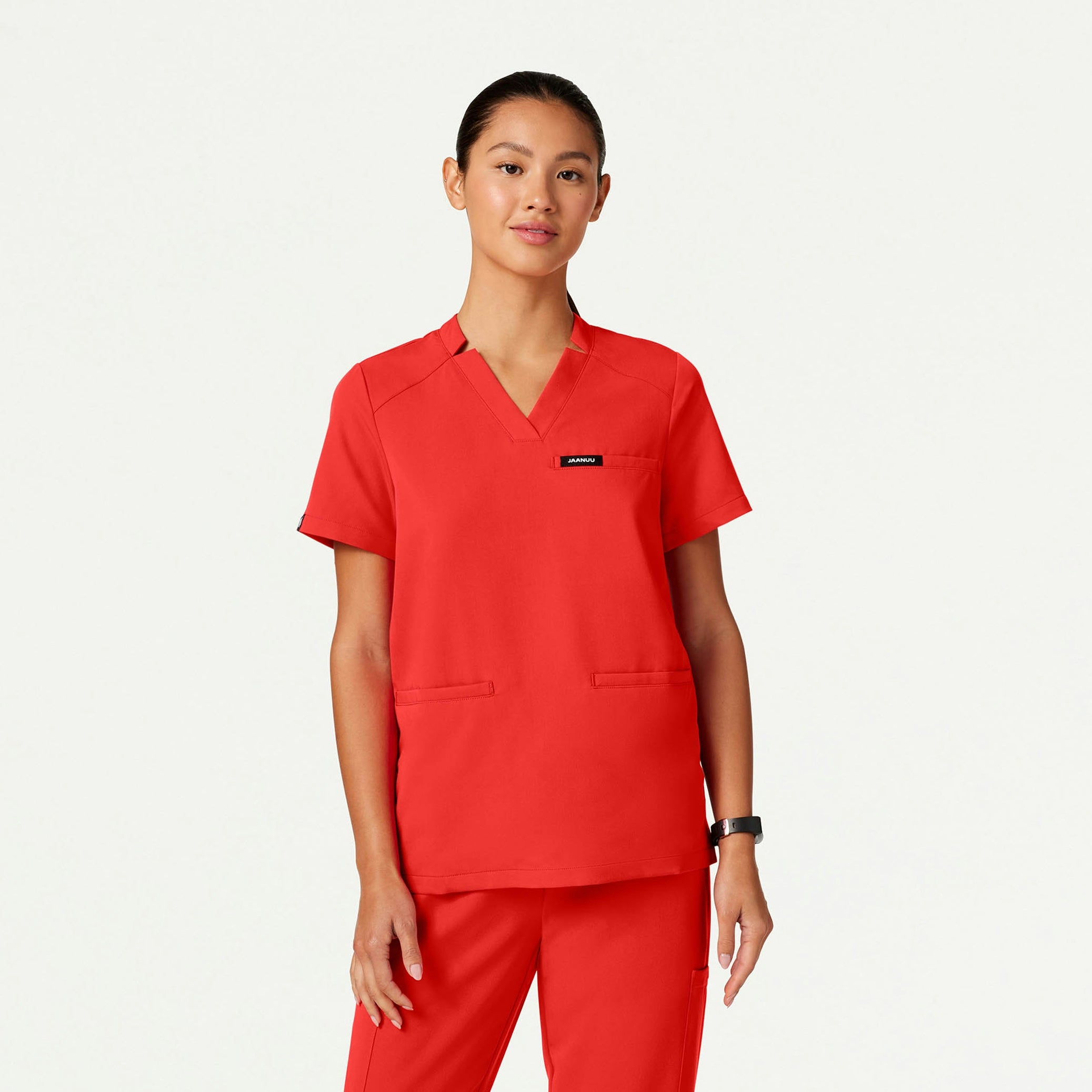 Helia Notched V-Neck Scrub Top - Solar Red - WOMEN'S TOPS - Jaanuu