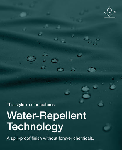 Close up view of draped Jaanuu fabric in Midnight Green with water beading on the surface. Text on the image reads "This style + color features Water-Repellent Technology. A spill-proof finish without forever chemicals."