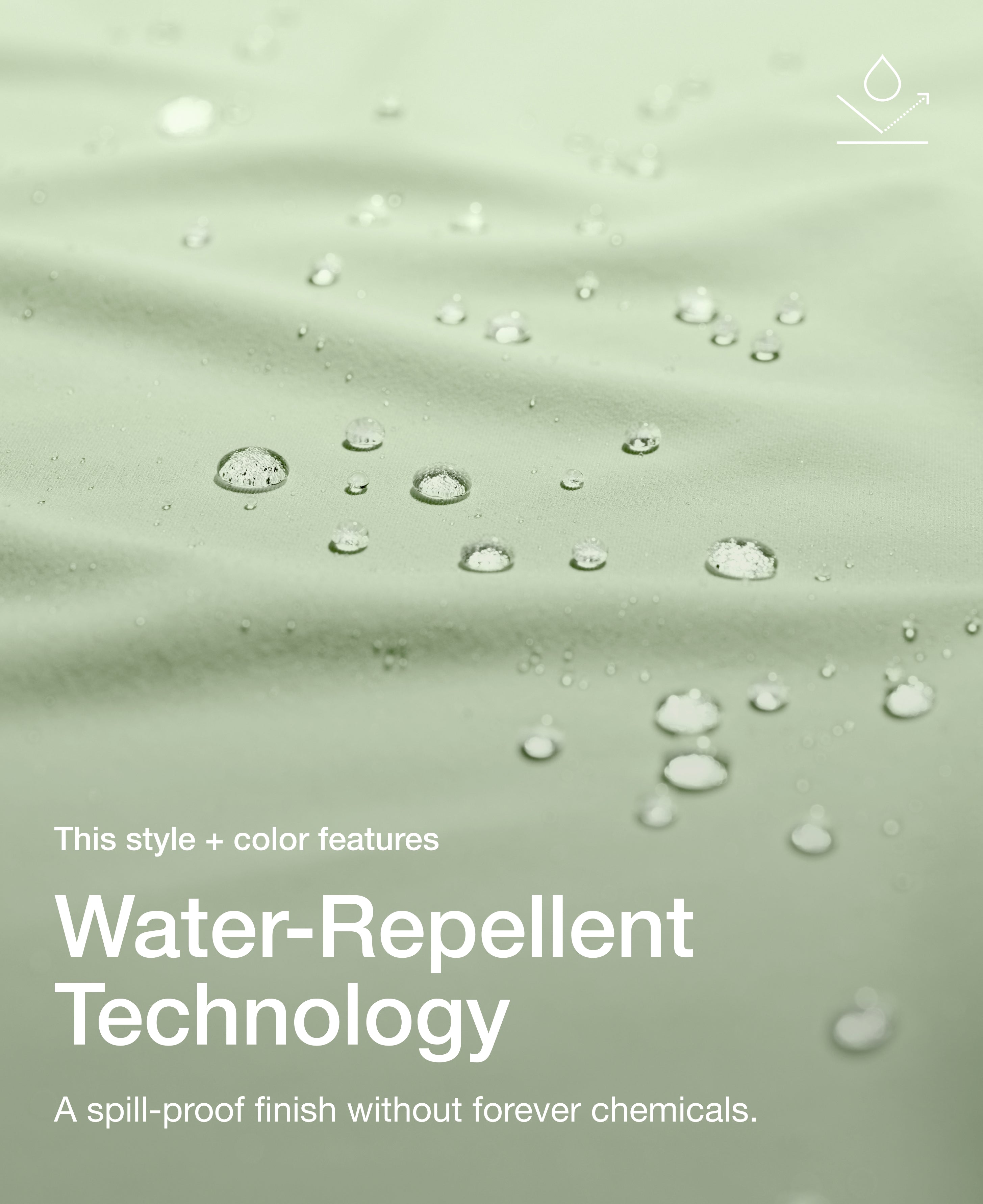 Close up view of draped Jaanuu fabric in Mint with water beading on the surface. Text on the image reads "This style + color features Water-Repellent Technology. A spill-proof finish without forever chemicals."