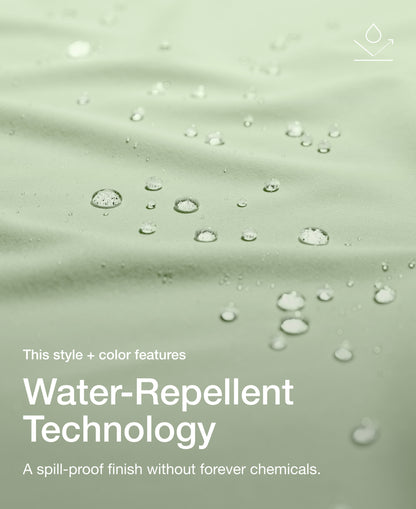 Close up view of draped Jaanuu fabric in Mint with water beading on the surface. Text on the image reads "This style + color features Water-Repellent Technology. A spill-proof finish without forever chemicals."