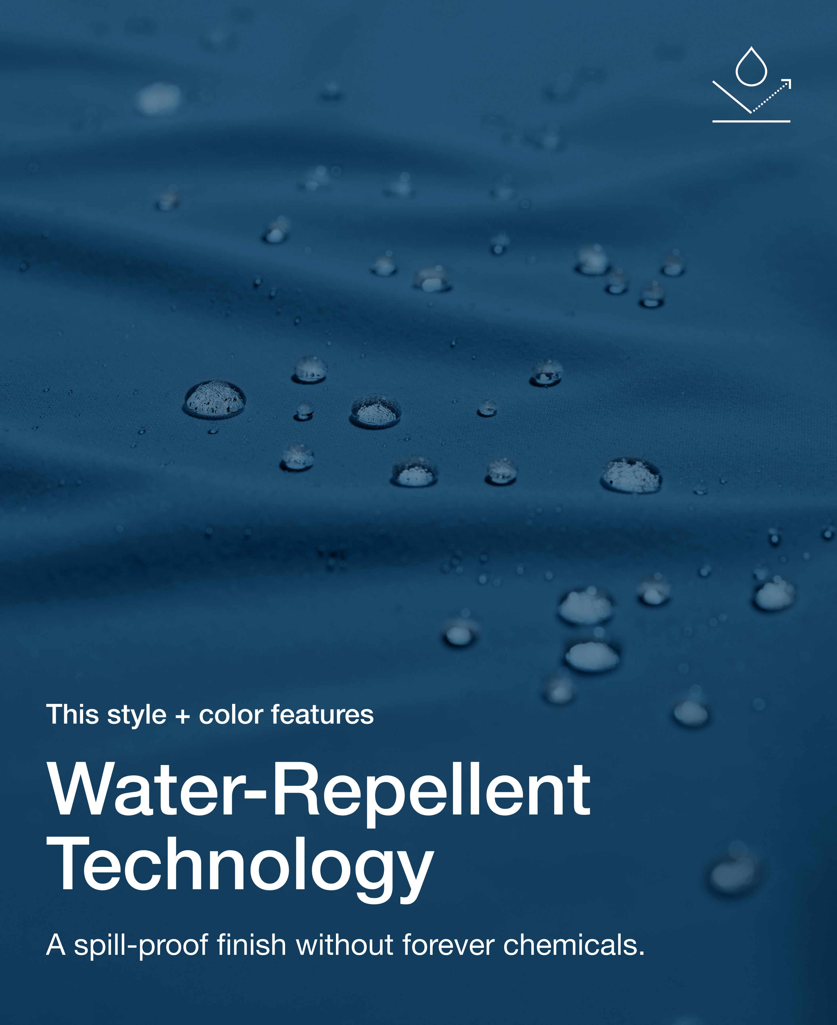 Close up view of draped Jaanuu fabric in Ocean with water beading on the surface. Text on the image reads "This style + color features Water-Repellent Technology. A spill-proof finish without forever chemicals."