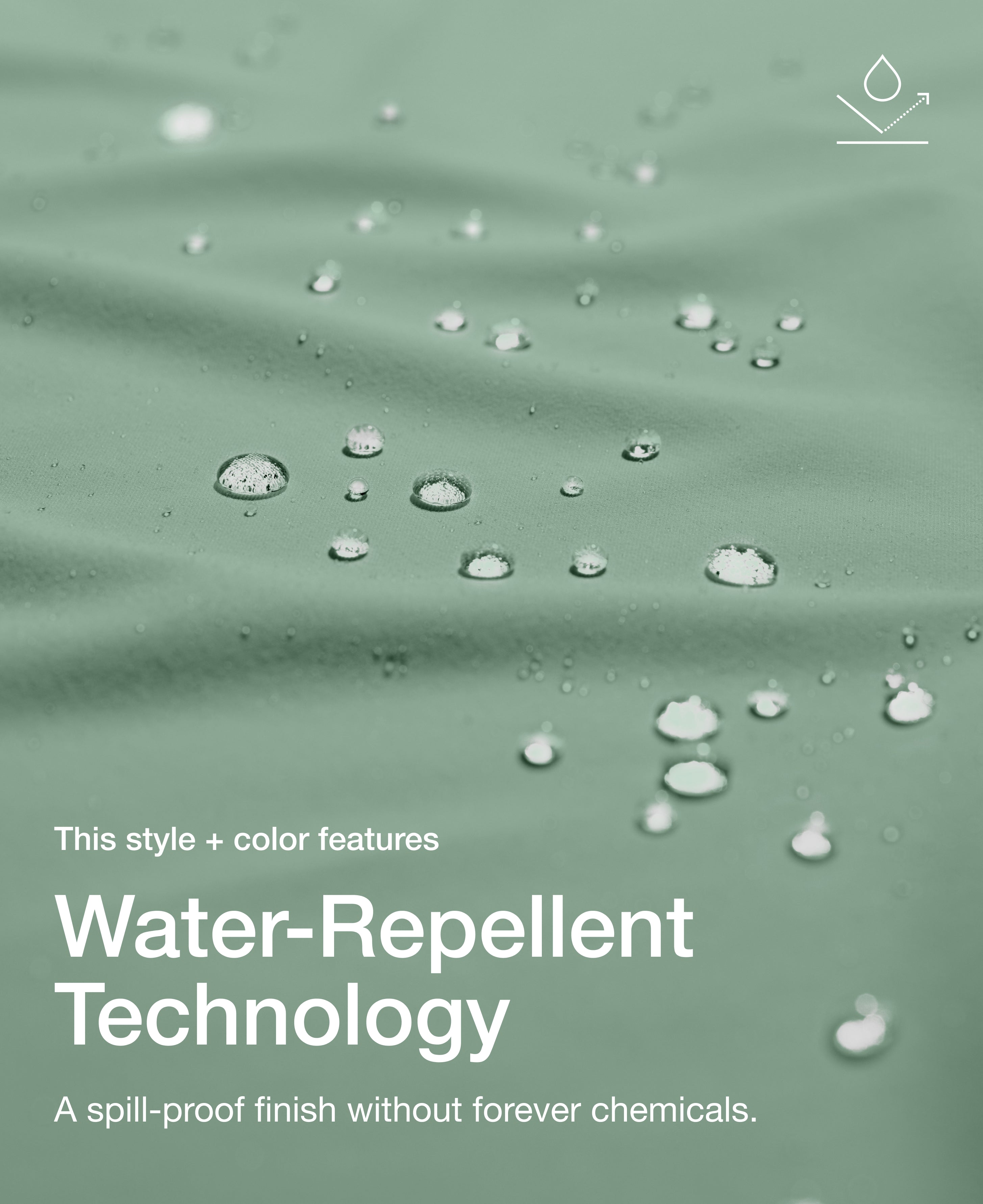 Close up view of draped Jaanuu fabric in Sage with water beading on the surface. Text on the image reads "This style + color features Water-Repellent Technology. A spill-proof finish without forever chemicals."