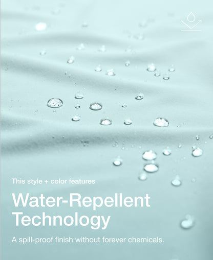 Close up view of draped Jaanuu fabric in Sky Blue with water beading on the surface. Text on the image reads "This style + color features Water-Repellent Technology. A spill-proof finish without forever chemicals."