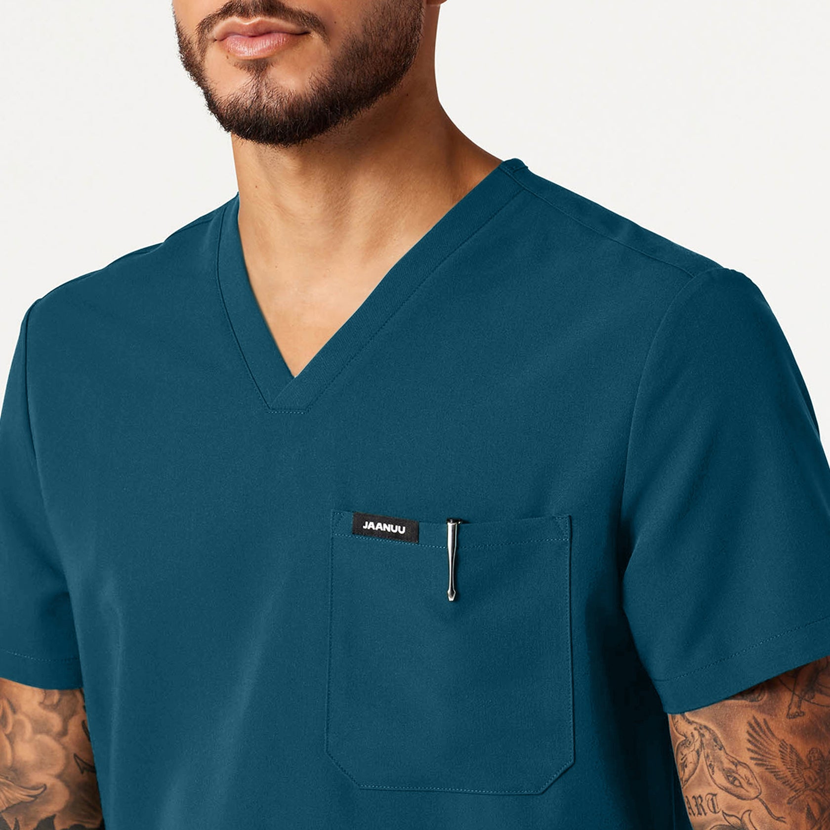 Holmes Everyday 1-Pocket Scrub Top - Caribbean Blue on-body detail