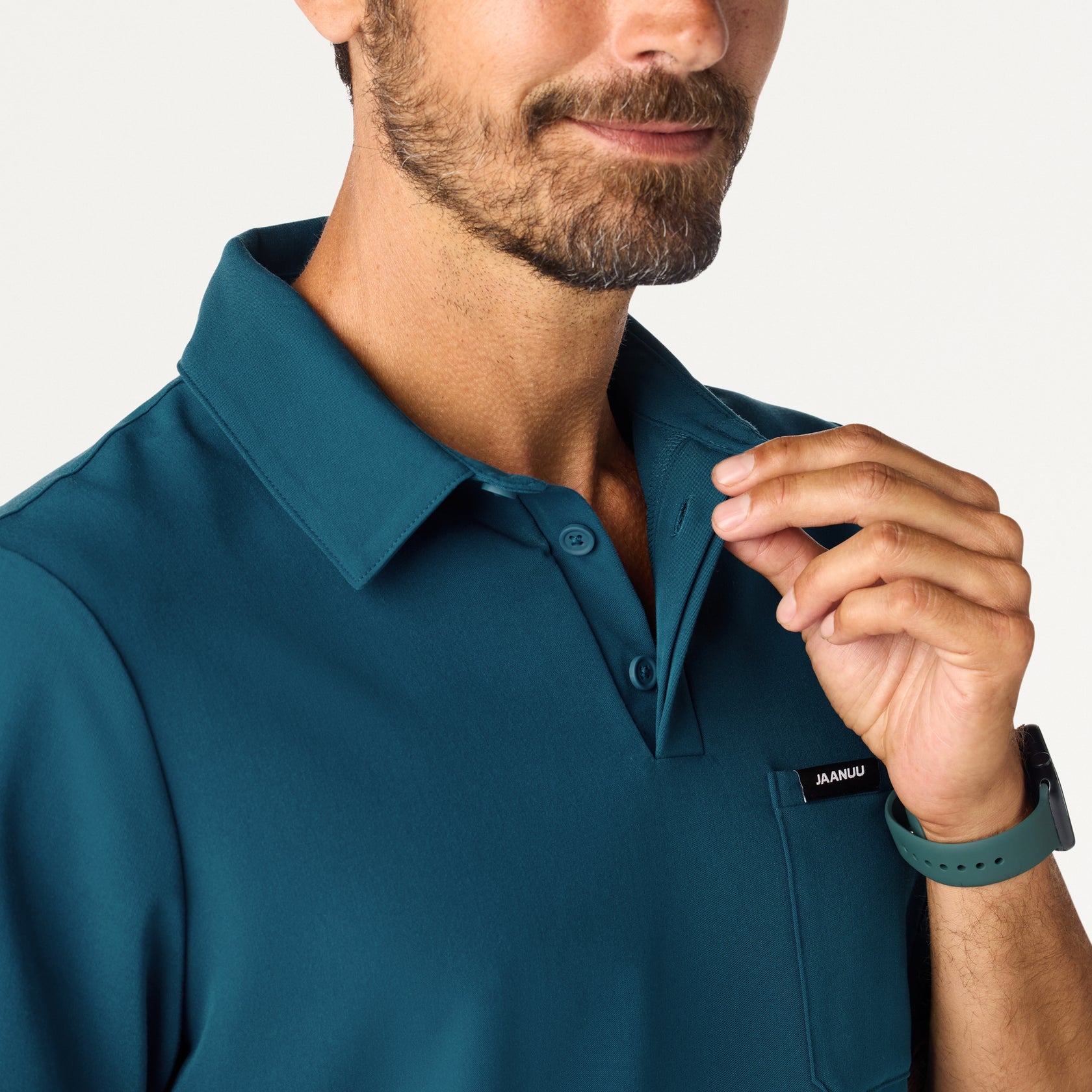 Calderon Polo Scrub Top - Caribbean Blue on-body detail