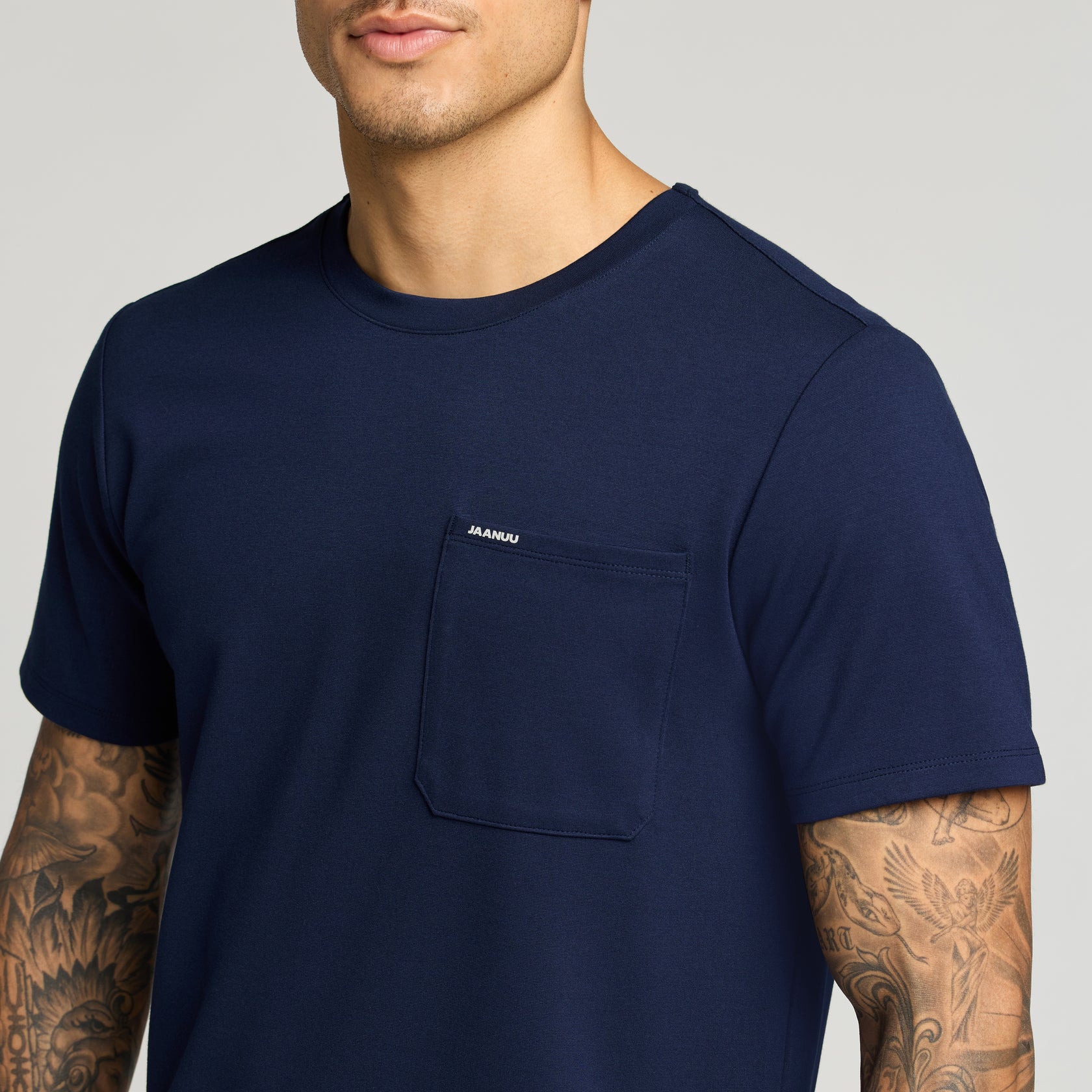 Finn Crewneck UltraSOFT Scrub Top - Midnight Navy on-body detail