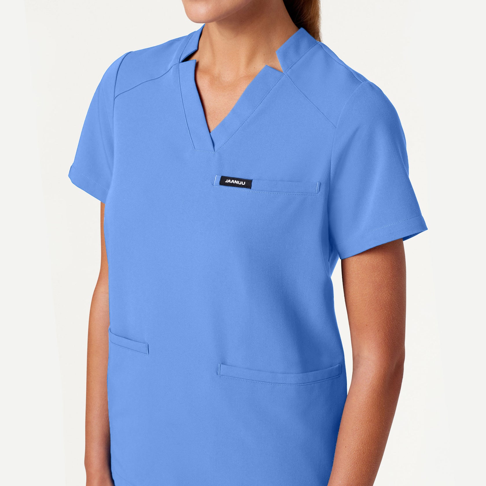 Helia Notched V-Neck Scrub Top - Ceil Blue on-body detail
