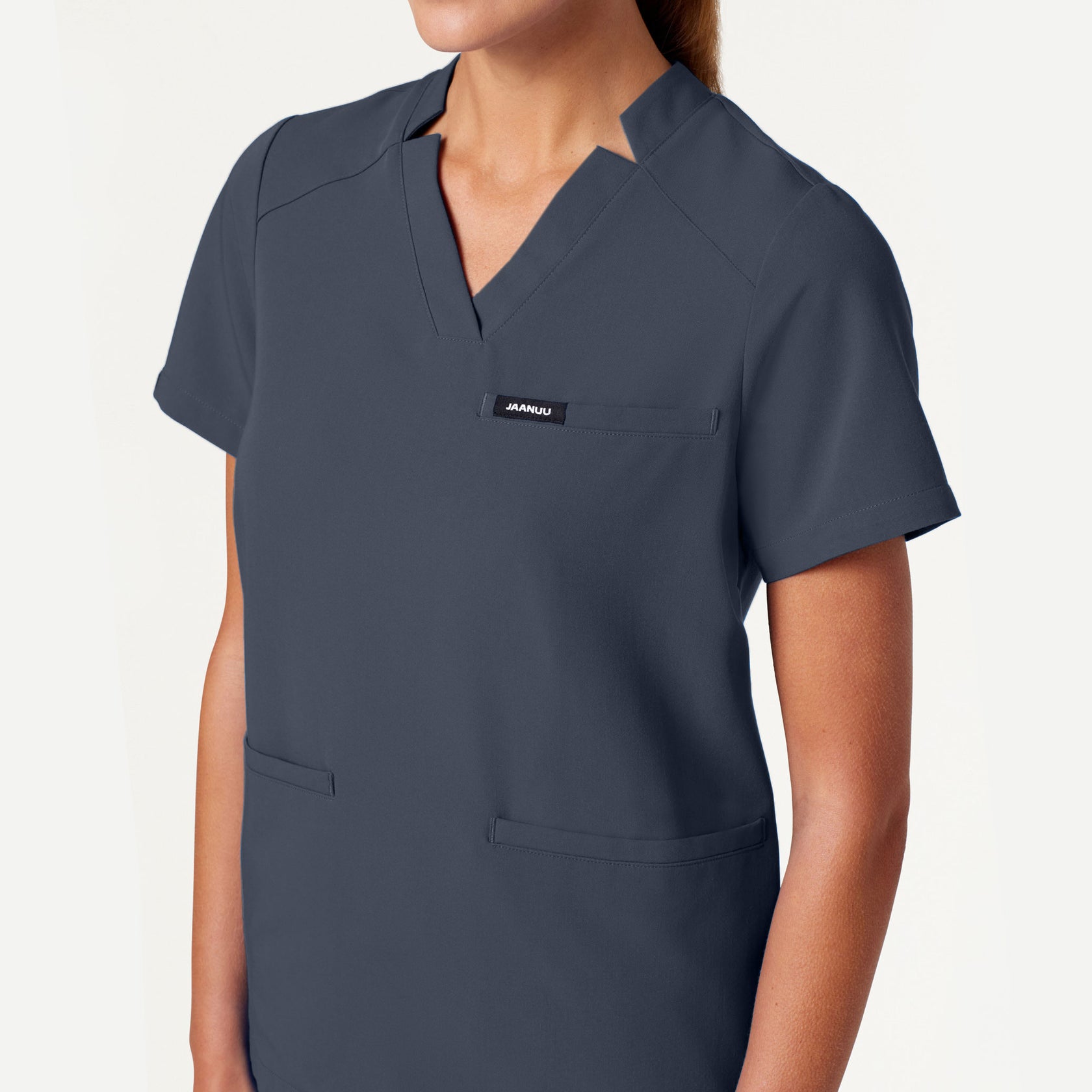 Helia Notched V-Neck Scrub Top - Carbon Gray on-body detail