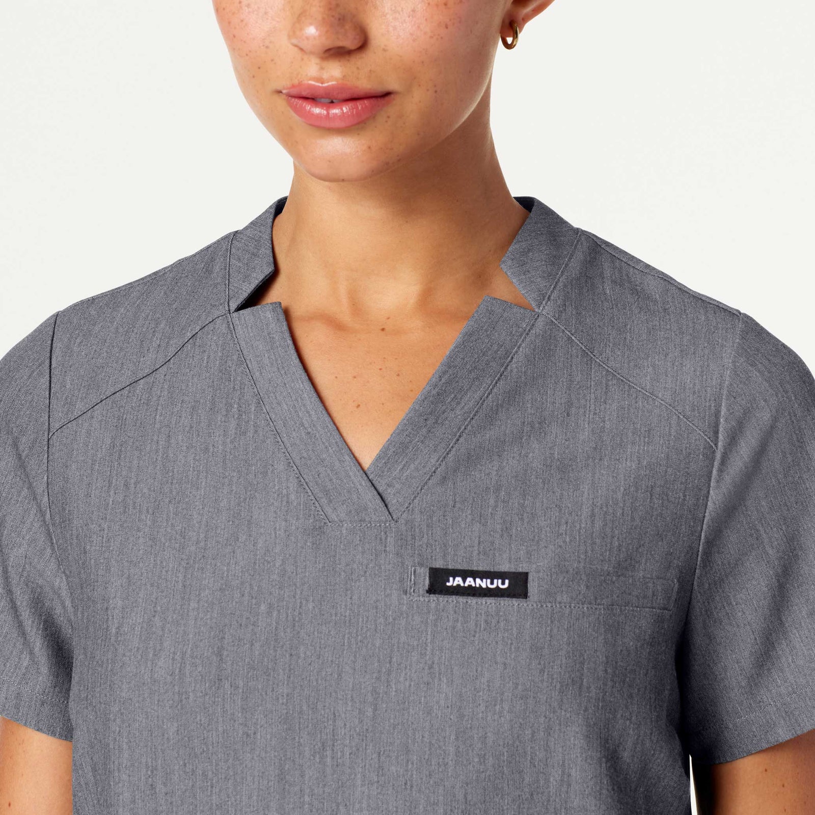 Helia Notched V-Neck Scrub Top - Heather Gray on-body detail