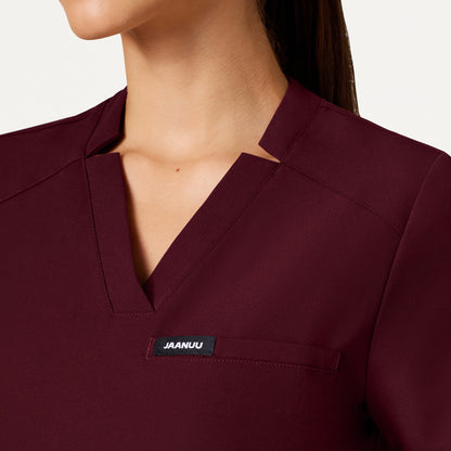 Helia Slim Notched V-Neck Scrub Top - Burgundy
