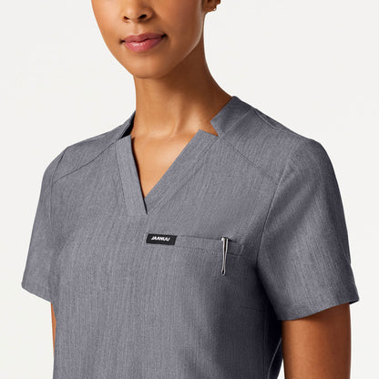 Helia Slim Notched V-Neck Scrub Top - Heather Gray on-body detail
