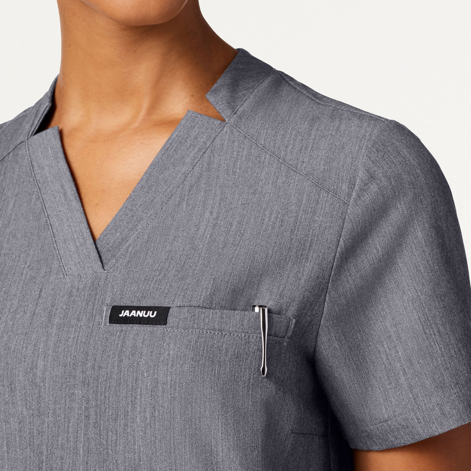 Helia Slim Notched V-Neck Scrub Top - Heather Gray
