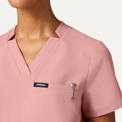 Helia Slim Notched V-Neck Scrub Top - Mauve on-body detail