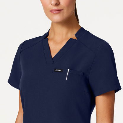 Helia Slim Notched V-Neck Scrub Top - Midnight Navy