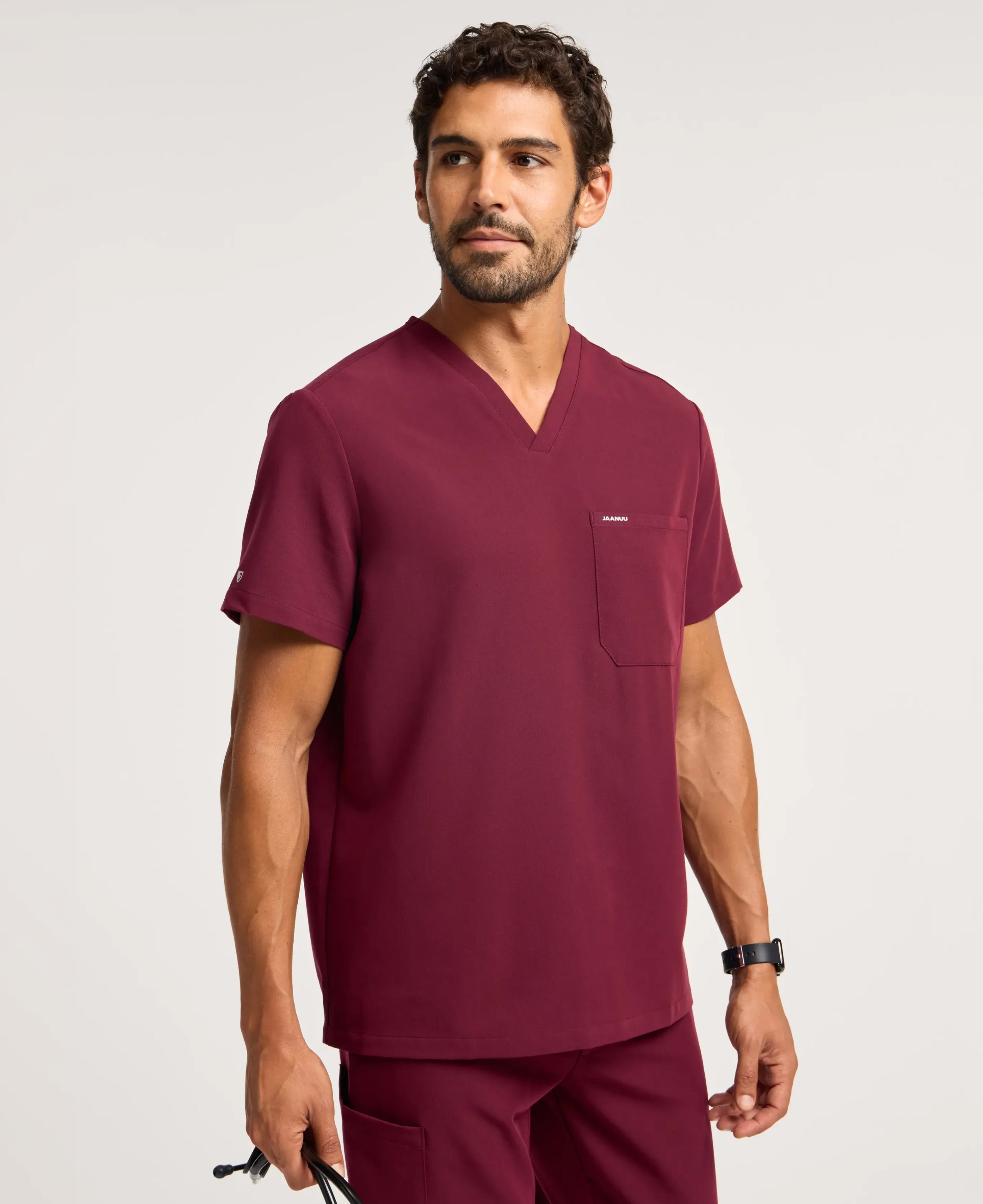 Jaanuu Holmes 1-Pocket Scrub Top in Burgundy, product photo 3 of 6