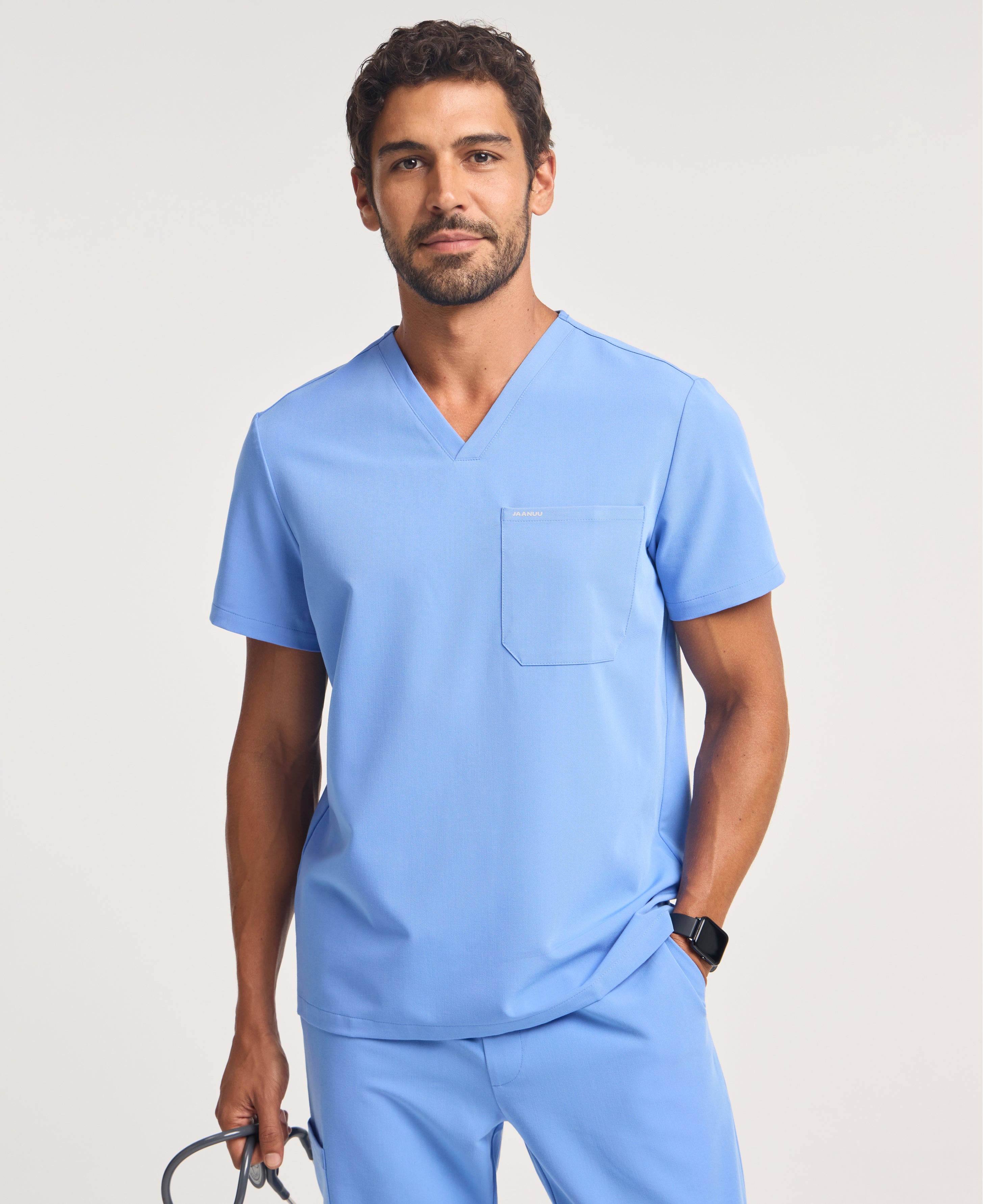 Jaanuu Holmes 1-Pocket Scrub Top in Ceil Blue, product photo 4 of 6